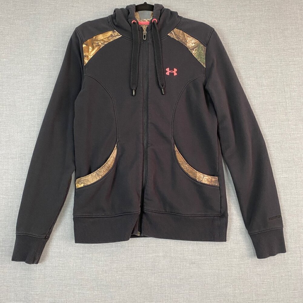 Under Armour Semi-Fitted Zip Up Hoodie Jacket Mens Large Black and Camo
